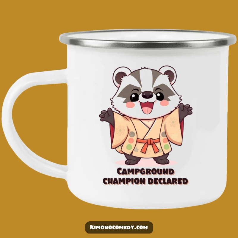 Funny Kawaii Badger Camping Mug: Triumphant Pose for Outdoor Wins
