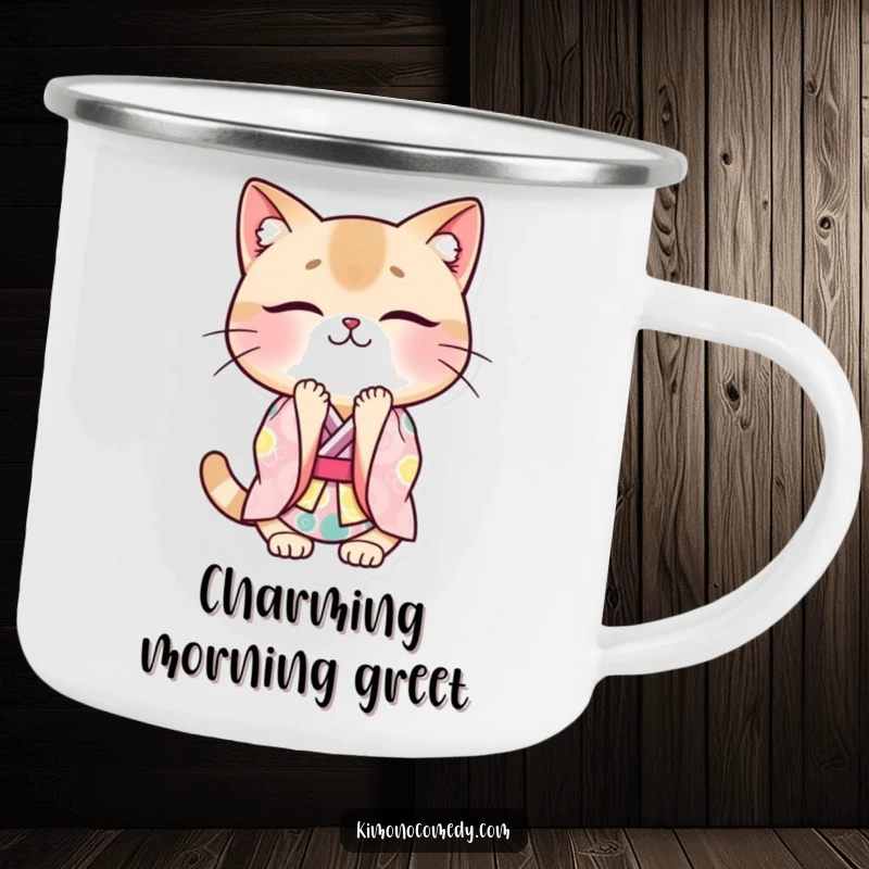 Funny cat kimono camping mug showing a kawaii cat in a traditional kimono, bowing deeply with a smile, perfect for outdoor sipping.