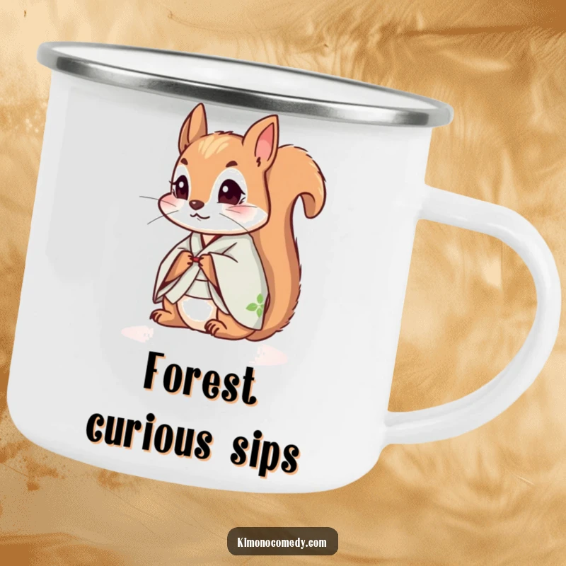 Funny squirrel in a kimono, looking curious, on a durable camping mug for humorous outdoor enjoyment and exploration.