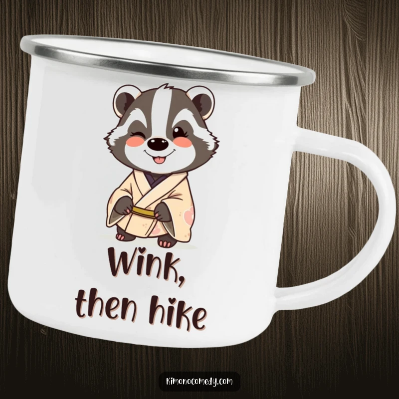 Funny badger in a kimono, smiling and winking, on a durable camping mug for humorous outdoor enjoyment and playful moments.