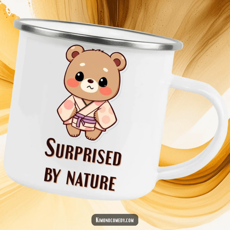 Funny Camping Mug: A bear in a patterned kimono looks surprised, ready for outdoor adventures and hot beverages, filled with humor.