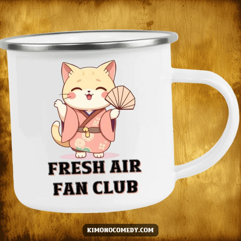 Funny cat fan camping mug showing a kawaii cat in a festive kimono, joyfully waving a fan, perfect for outdoor cheer.