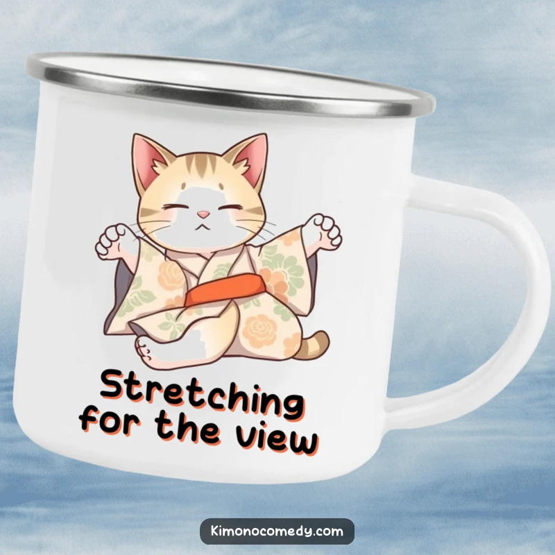 Funny camping mug with an artistic cat in a patterned kimono, stretching lazily, for relaxed outdoor sipping.
