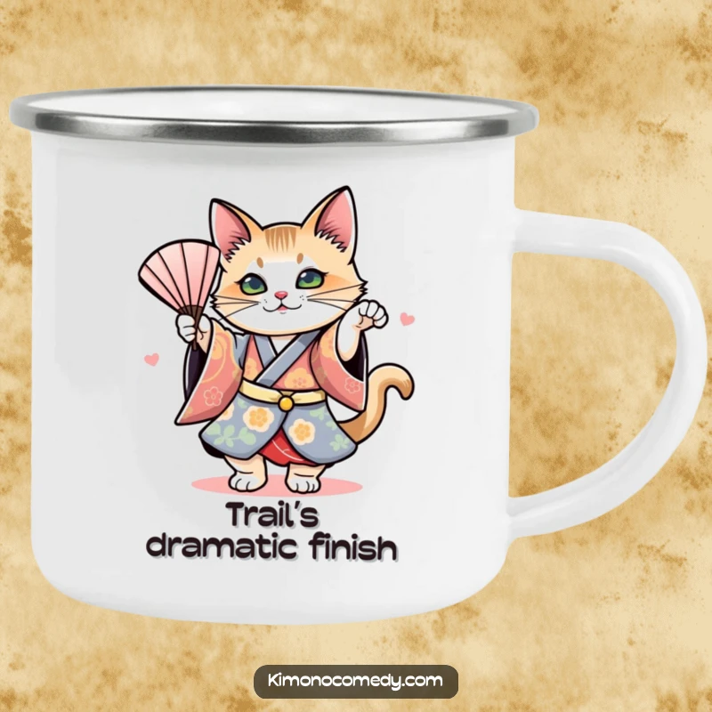 Funny camping mug with a cat in a kimono performing a dramatic fan dance, bringing artistic humor to outdoor beverages.