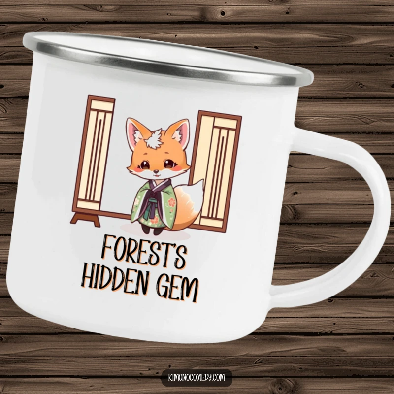 Funny camping mug with a fox in an elegant kimono peeking from behind a paper screen, offering mysterious humor for outdoor drinks.