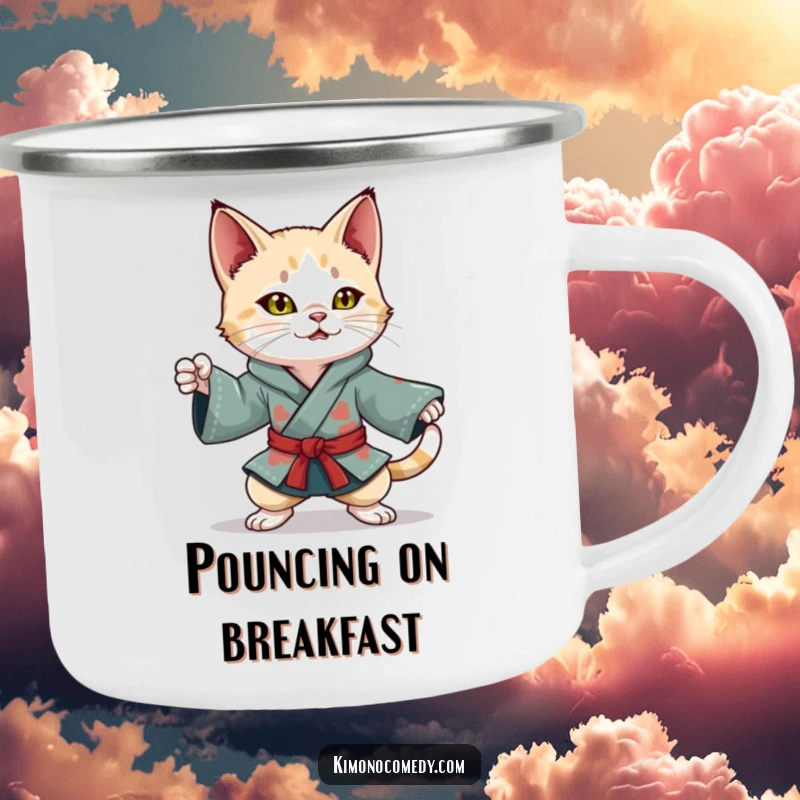 Funny Kawaii Cat Camping Mug: Playful character in a colorful kimono, striking a dynamic ninja pose, perfect for outdoor adventures.