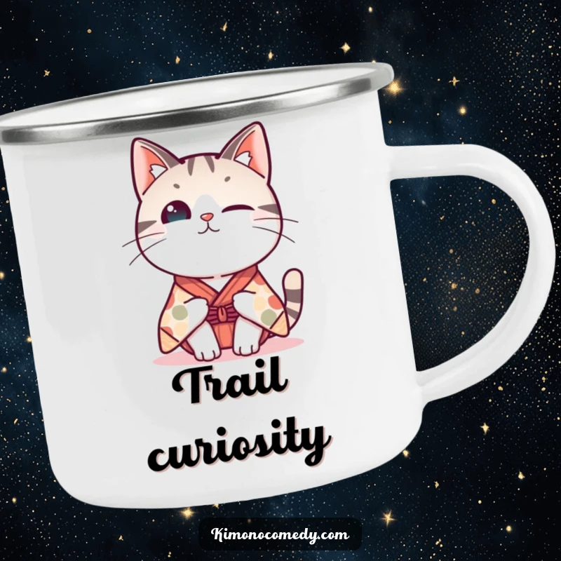 Funny Kawaii cat camping mug, featuring a cat in a whimsical kimono tipping its head curiously, ideal for outdoor humor.