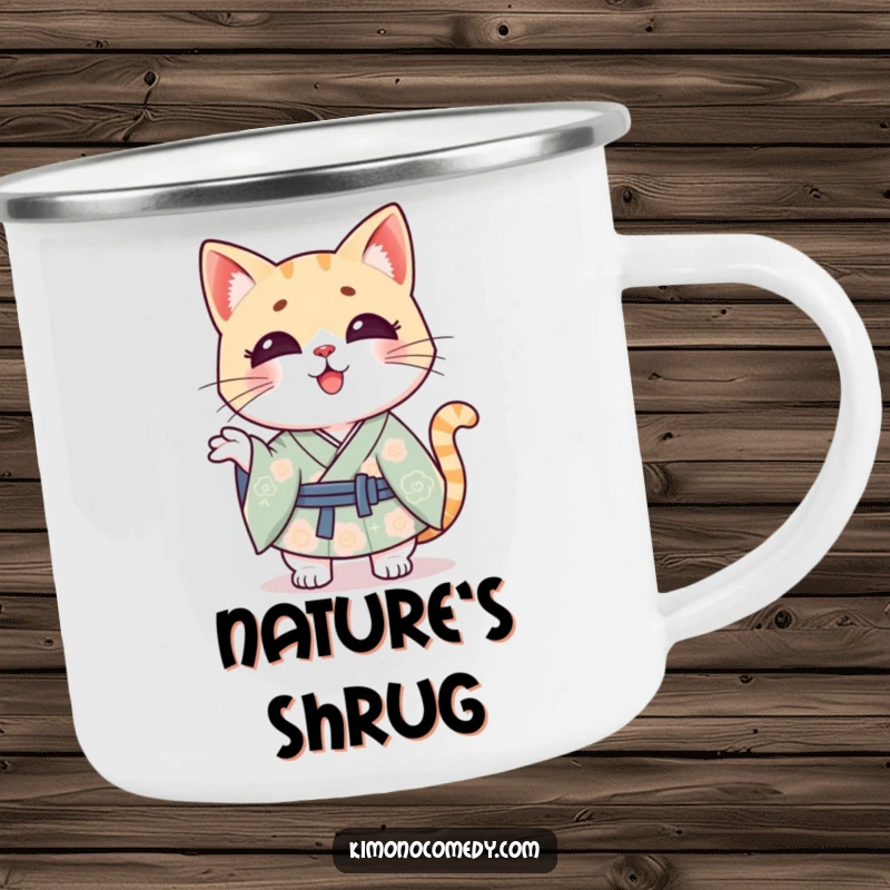Funny Kawaii cat with kimono, shrugging outdoors, a durable and funny enamel camping mug.