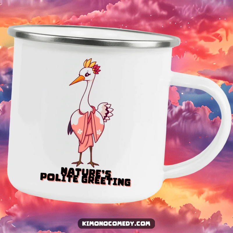 Funny camping mug with a graceful kawaii crane in a kimono bowing with a flourish, designed for outdoor use and elegant enjoyment.