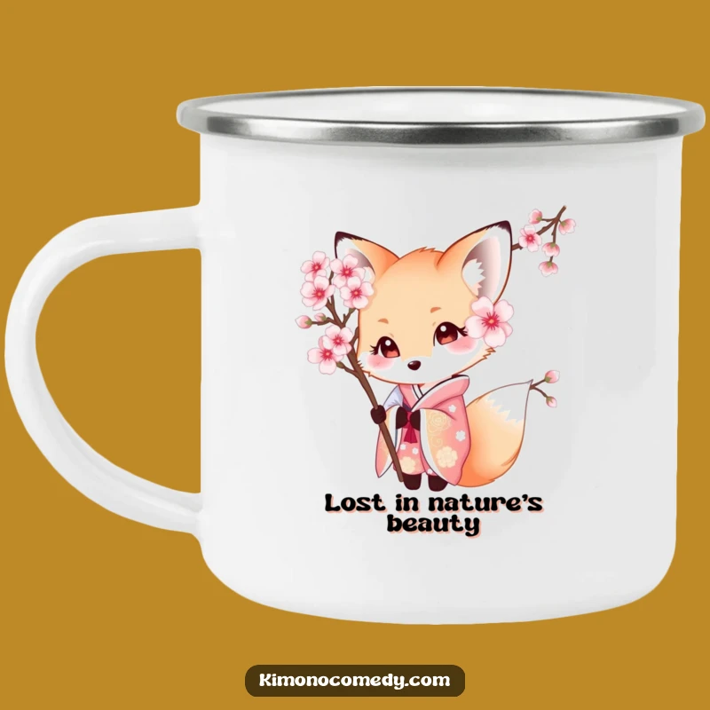 Funny Kawaii Fox Camping Mug: Kimono Trails, Perfect Outdoor Gift!