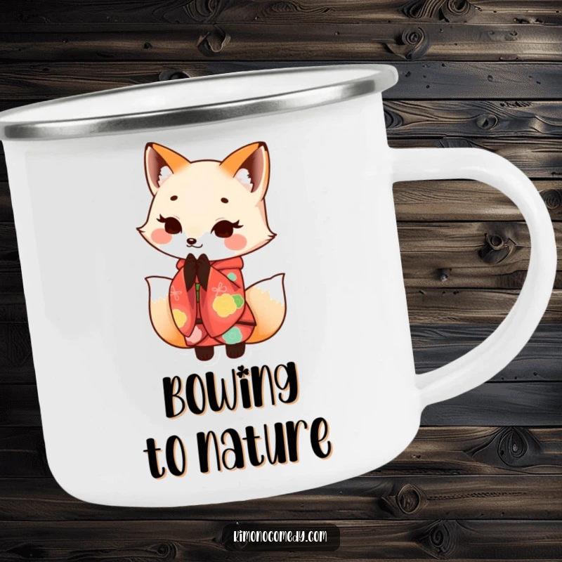 Funny Kawaii fox in a kimono, bowing with a smile on a camping trip, makes this enamel mug a humorous keepsake.