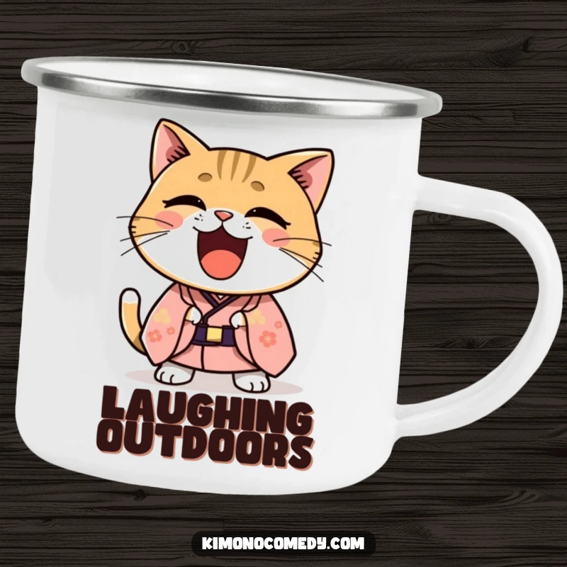 Funny Kawaii cat in a formal kimono laughing hysterically, rugged and humorous enamel camping mug for cheerful outdoor trips.