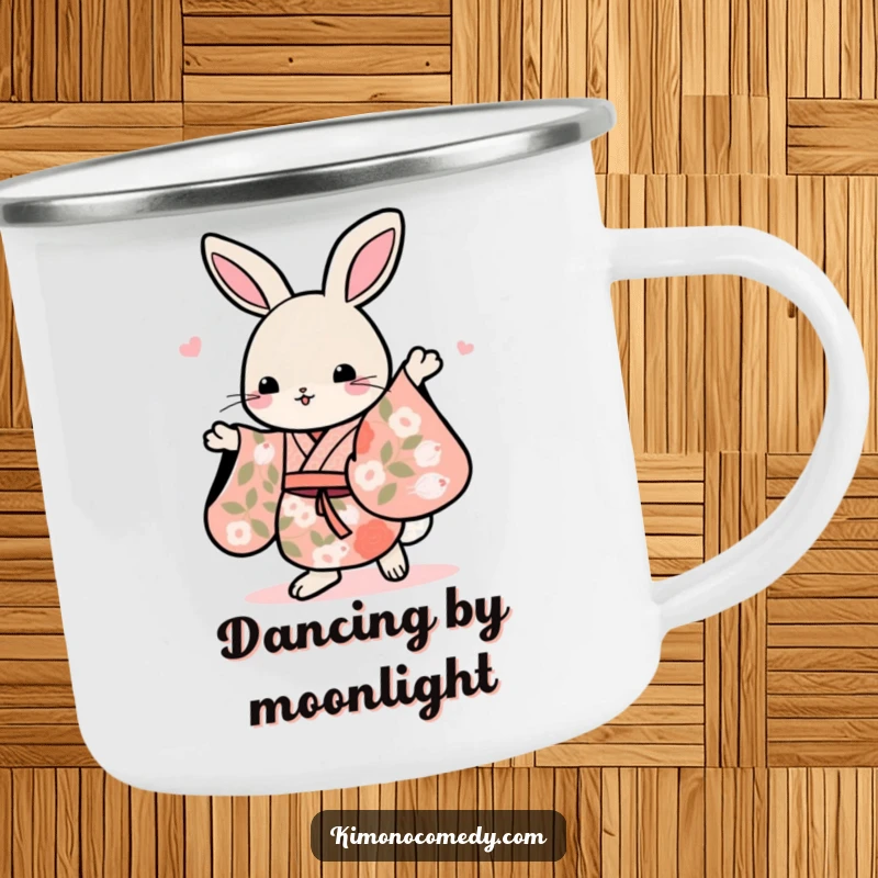 Funny Kawaii rabbit in a floral kimono, dancing on a camping trip, makes this enamel mug a humorous keepsake.