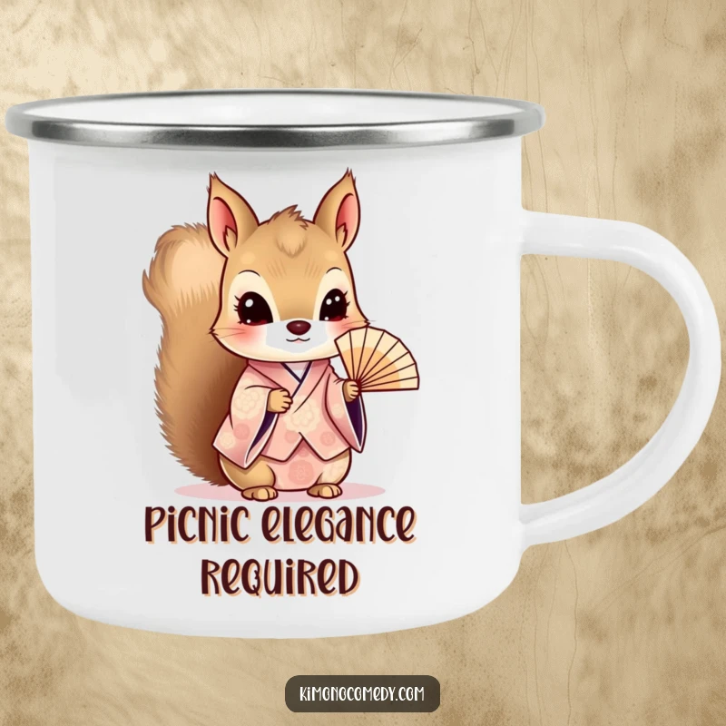 Funny Kawaii Squirrel Camping Mug: Curious character in a patterned kimono, holding a delicate fan, perfect for outdoor adventures and drinks.