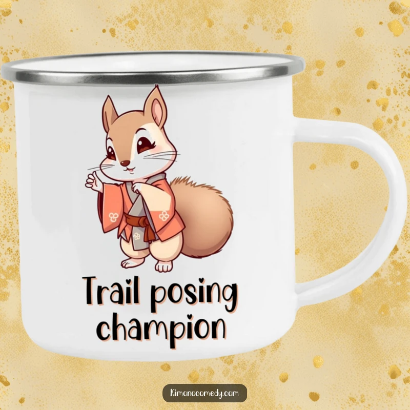 Funny kawaii squirrel striking a pose in a stylish kimono on a camping mug, perfect for humorous outdoor anime enthusiasts.