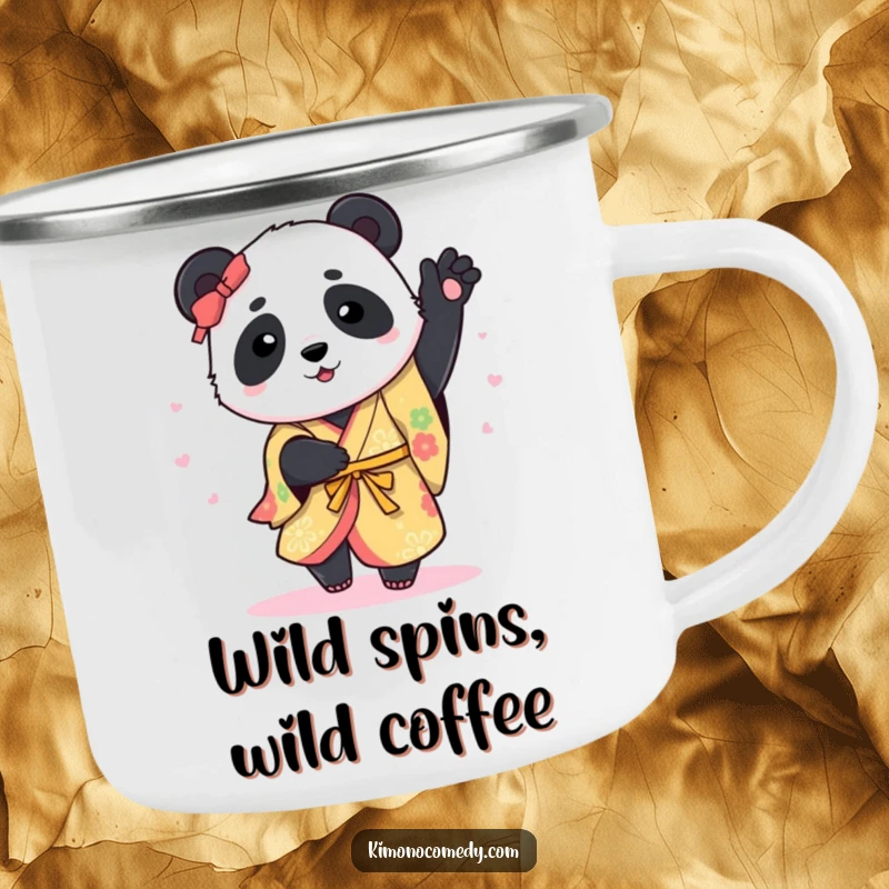 Funny Camping Mug: A panda in a colorful kimono spins joyfully, ready for outdoor adventures and hot beverages, bringing smiles.