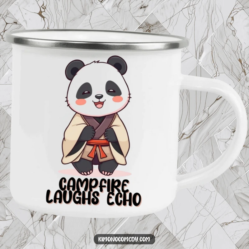 Funny enamel camping mug showcasing a dignified panda in a traditional kimono, sharing a joyful laugh, ideal for outdoor enthusiasts.