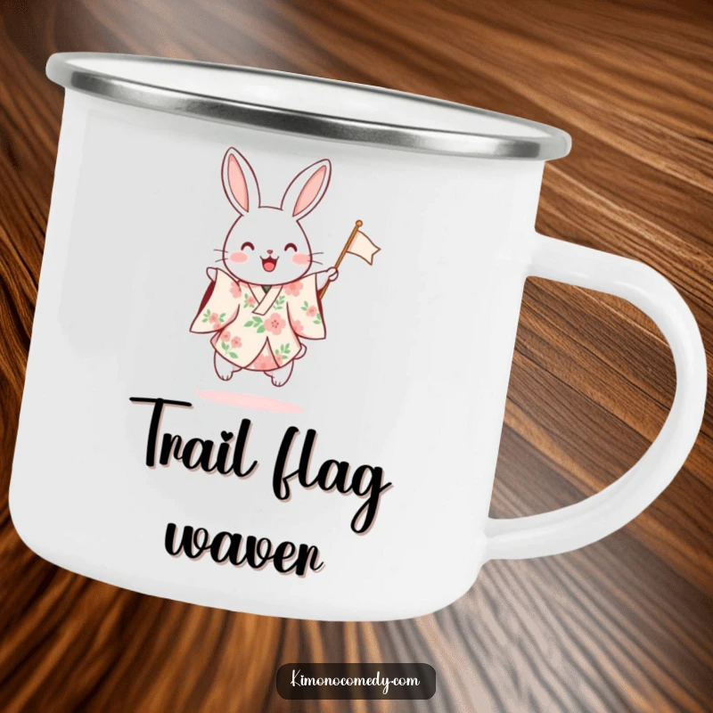 Funny camping mug with a rabbit in a floral kimono hopping excitedly and waving a small flag, offering festive humor for outdoor drinks.