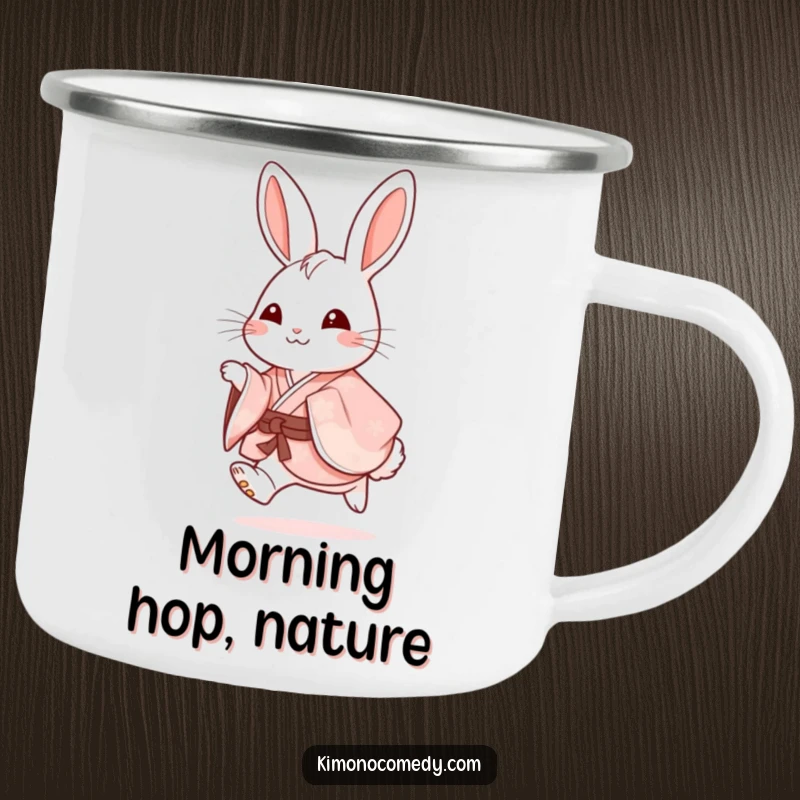 Funny Camping Mug: A happy rabbit in a fancy kimono hops with glee, ready for outdoor adventures and hot beverages, filled with charm.