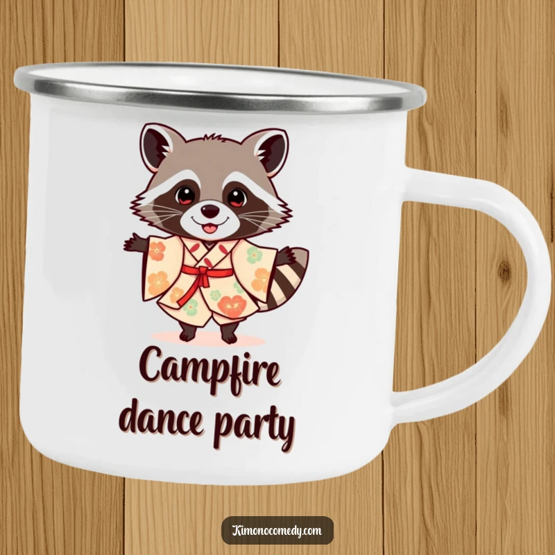 Funny raccoon in a festive kimono, dancing, on a durable camping mug for humorous outdoor enjoyment and celebration.