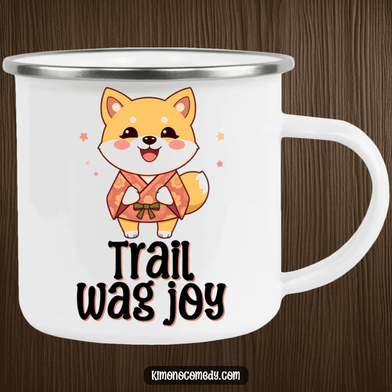 Funny Shiba Inu Camping Mug: A happy dog in a festive kimono, perfect for outdoor brews and cheerful adventures.