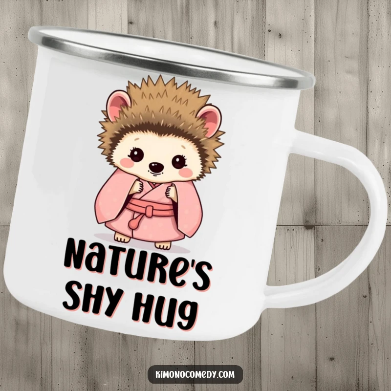 Funny Hedgehog Kimono Camping Mug: A shy hedgehog in a kimono peeking from behind quills, ideal funny outdoor drinkware.