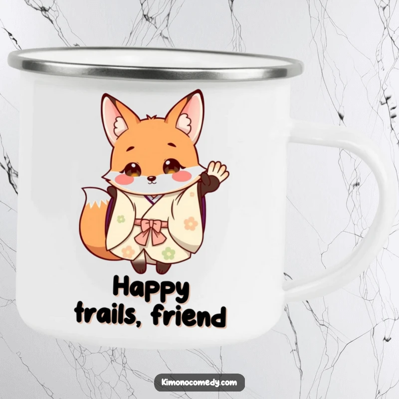 Funny Camping Mug: A happy fox in a flowing kimono waves cheerfully, ready for outdoor adventures and hot beverages, filled with charm.