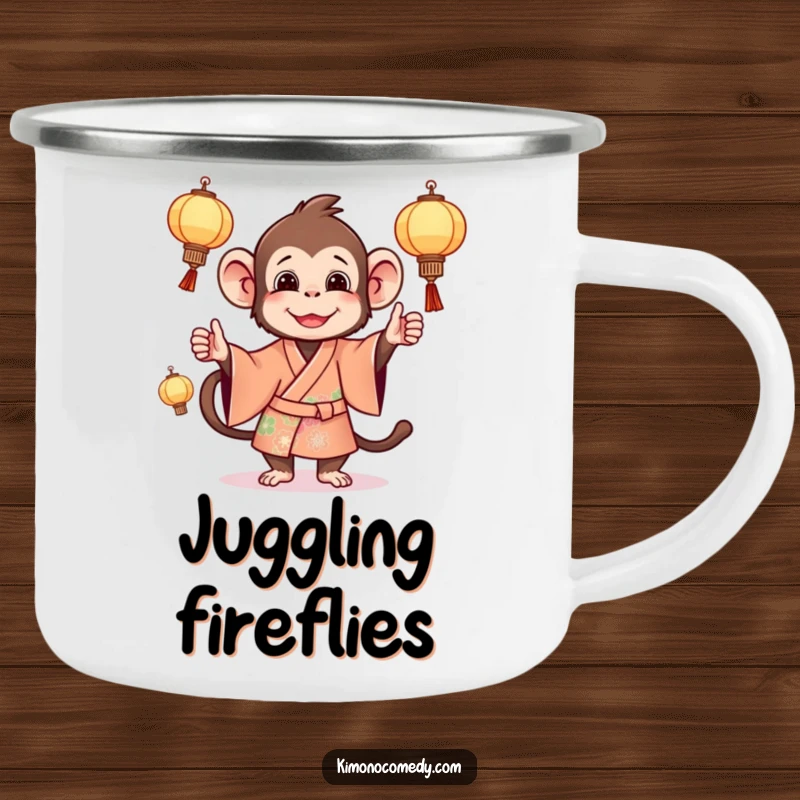 Funny monkey camping mug depicting a mischievous primate in a bright kimono, juggling miniature lanterns by the fire.