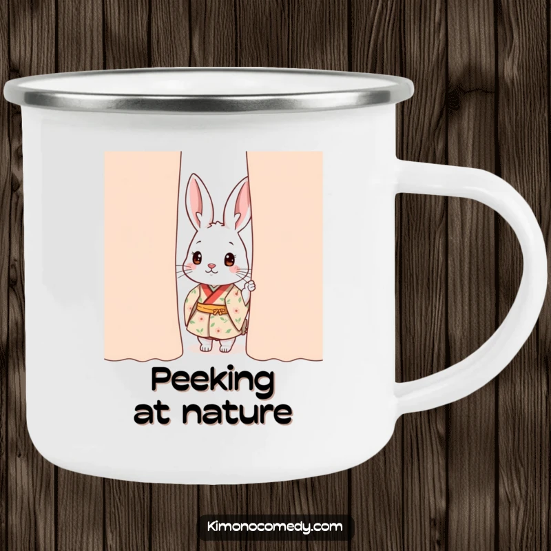 Funny kawaii rabbit camping mug, showing a rabbit peeking from behind a curtain, durable and cheerful for outdoor curiosity.