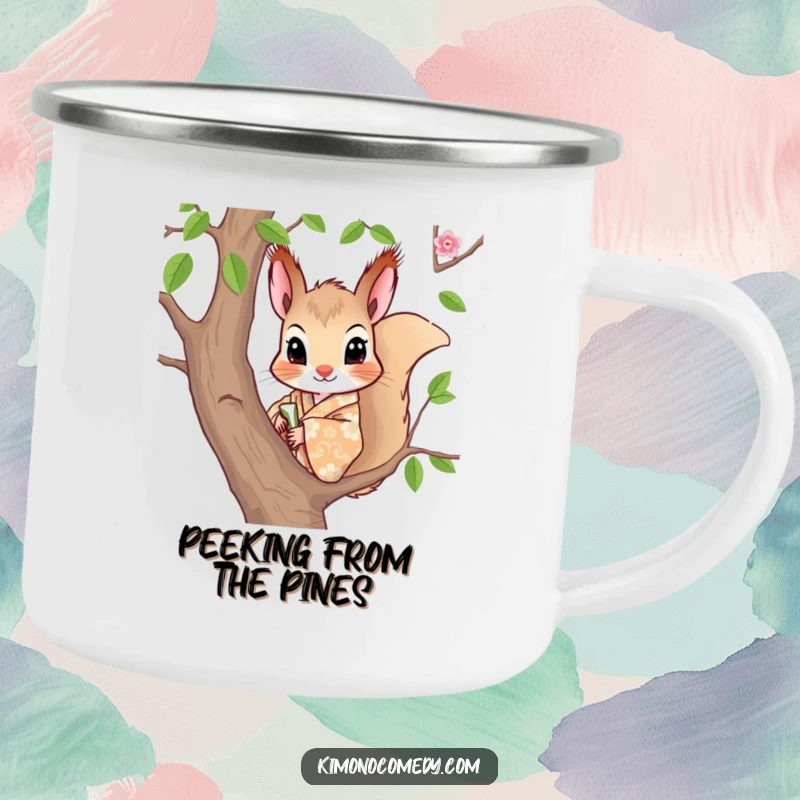 Funny camping mug with a curious squirrel in a patterned kimono, peeking from a tree, for stylish outdoor sipping.