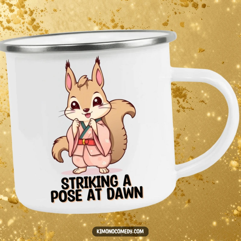 Funny Kawaii Squirrel Camping Mug: A rustic mug with a squirrel in a kimono striking a pose, perfect for stylish outdoor fun.
