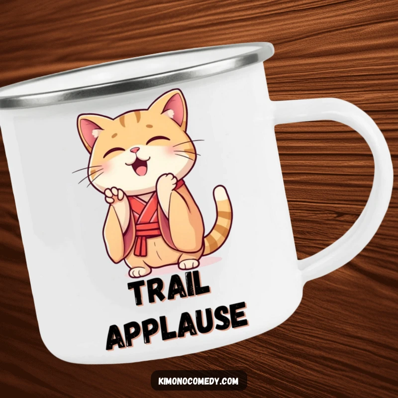 Funny Kawaii cat camping mug, featuring a cat in a silk kimono clapping its paws, ideal for outdoor humor.