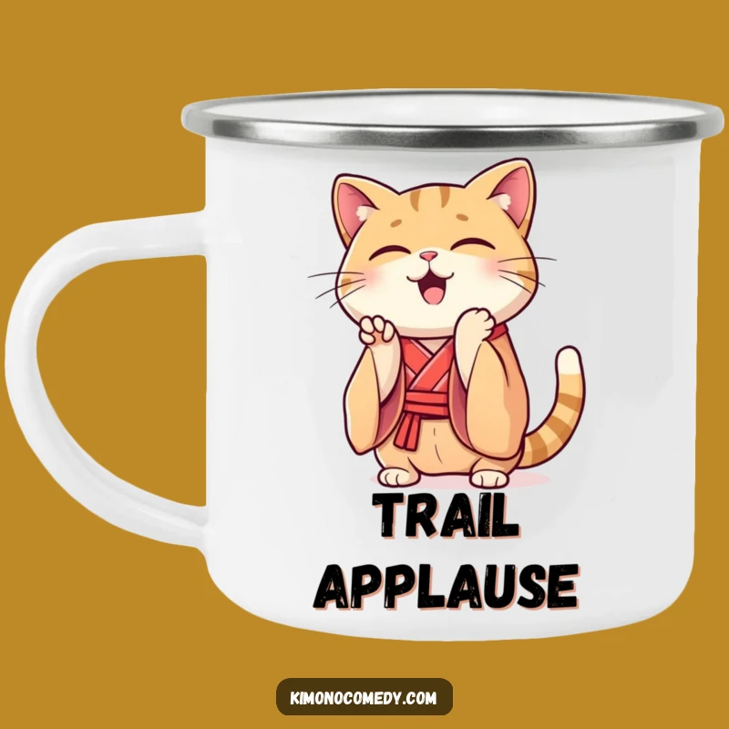 Funny Kawaii Cat Kimono Camping Mug: Clapping Companion, Rustic & Hilarious Gift!