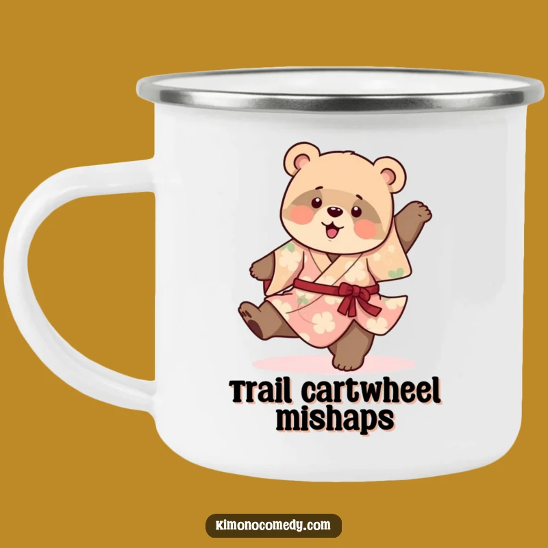 Funny Bear Cub Kimono Camping Mug: Playful Enamel Cup, Perfect Outdoor Gift