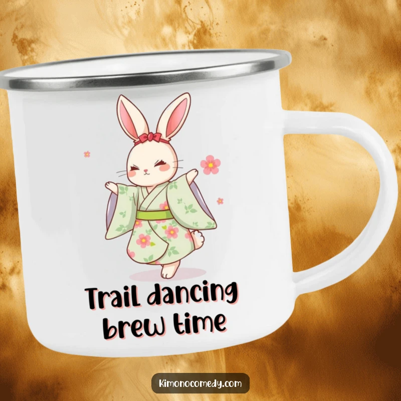 Funny Kawaii Rabbit Camping Mug: A rustic mug featuring a rabbit in a floral kimono dancing, perfect for outdoor humor.
