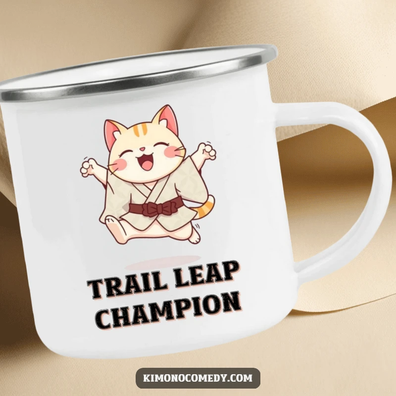 Funny cheerful kawaii cat in a patterned kimono, gracefully leaping, on a durable camping mug.