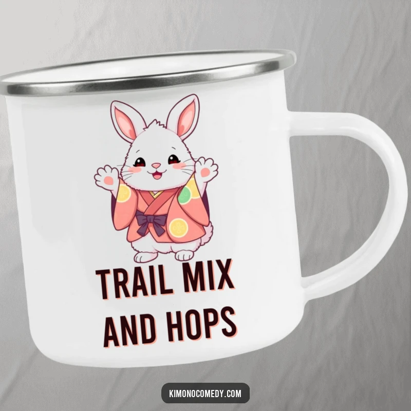 Funny Kawaii Bunny Camping Mug: Fluffy character in a vibrant kimono, excitedly waving paws, perfect for outdoor adventures and hot beverages.