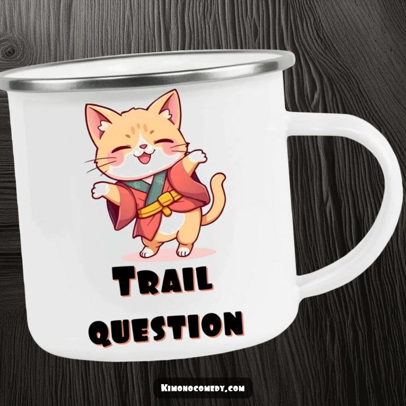 Funny Kawaii cat in a whimsical kimono tipping its head quizzically, rugged and humorous enamel camping mug for curious explorers.