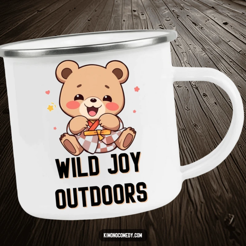 Funny kawaii bear in a checkered kimono, tumbling with ecstatic joy, on a durable camping mug.