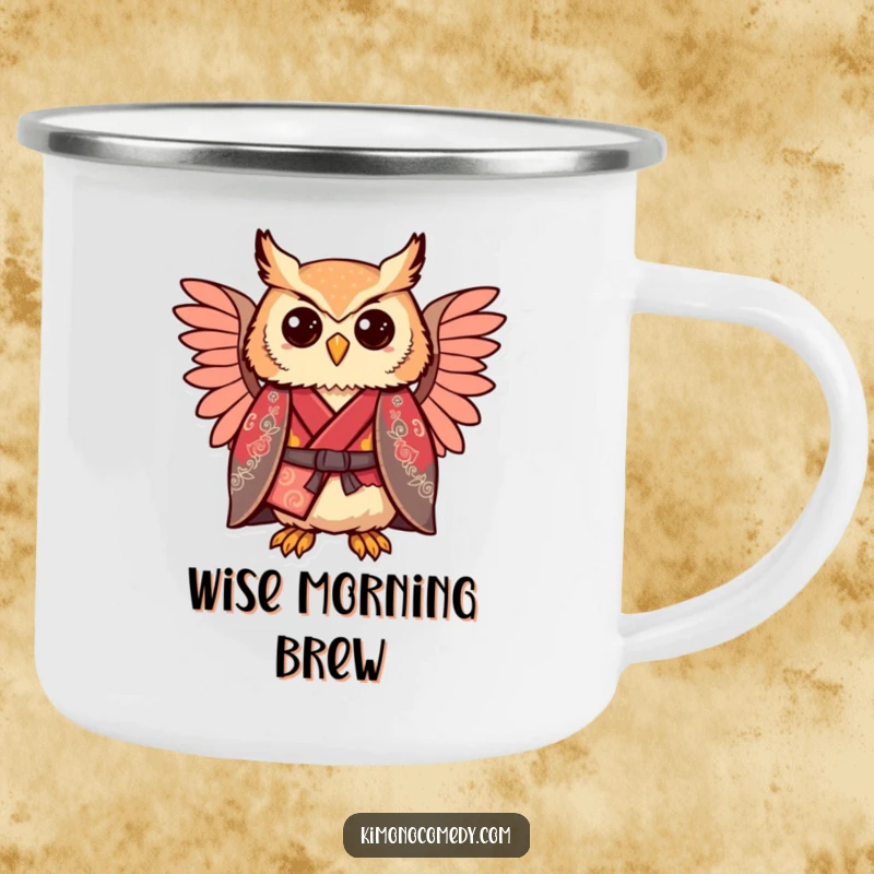 Funny kawaii owl in a regal kimono, comically proud, durable camping mug for adventures.