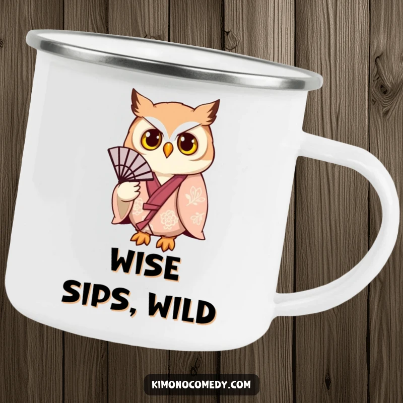 Funny owl in an elegant kimono, holding a fan, on a durable camping mug for humorous outdoor enjoyment.