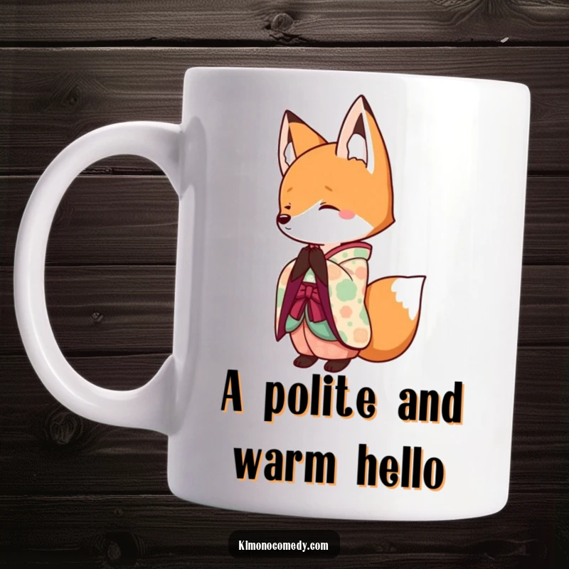 Funny Kawaii Fox Mug: A cute fox in a colorful kimono bowing politely with a warm smile, perfect for gifting.