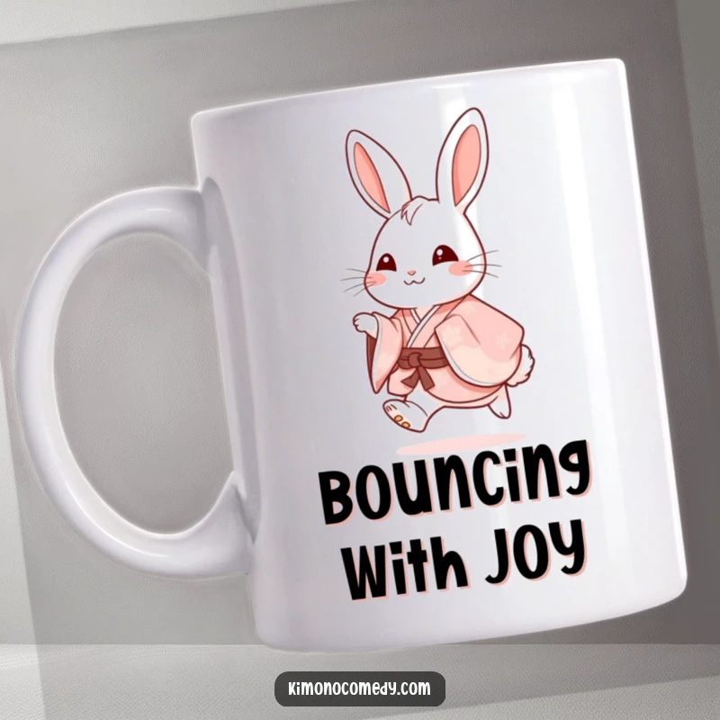 Funny Mug: A cheerful rabbit in a fancy kimono hops with glee, radiating pure joy and playful energy.