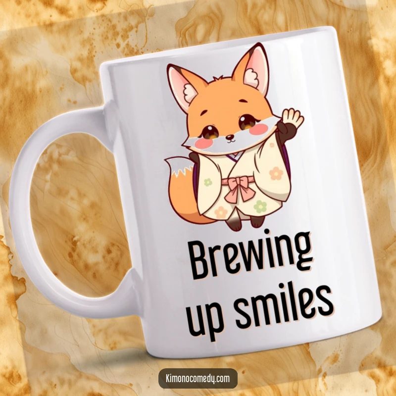 Funny Mug: A delightful fox in a flowing kimono waves with a big, happy smile, radiating warmth and friendliness.