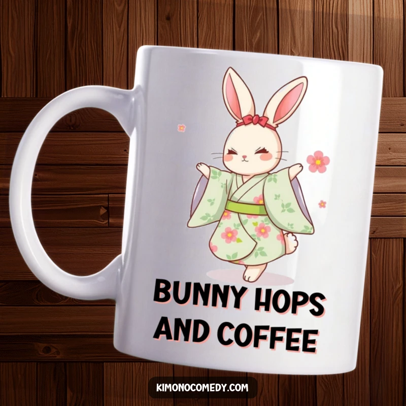 Funny Kawaii Rabbit Mug: A cute rabbit in a floral kimono dancing gracefully, bringing joy and humor to your day.
