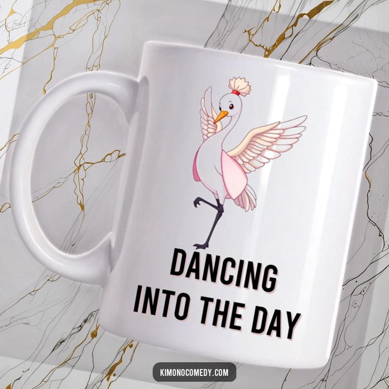 Funny graceful crane in a flowing kimono performing a gentle dance, elegant creature, artistic design mug, perfect serene gift.