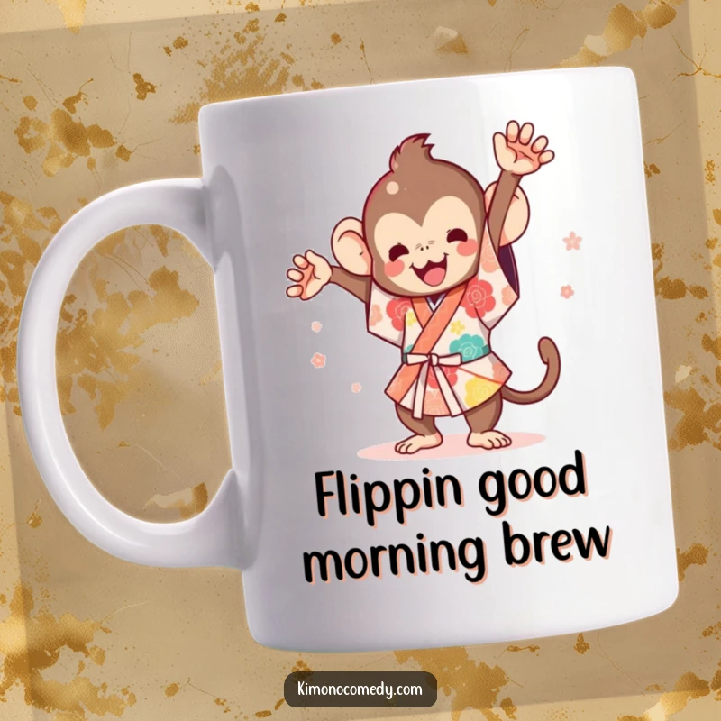 Funny Kawaii Monkey Mug: A cute monkey in a festival kimono doing a mid-air flip with energetic joy.