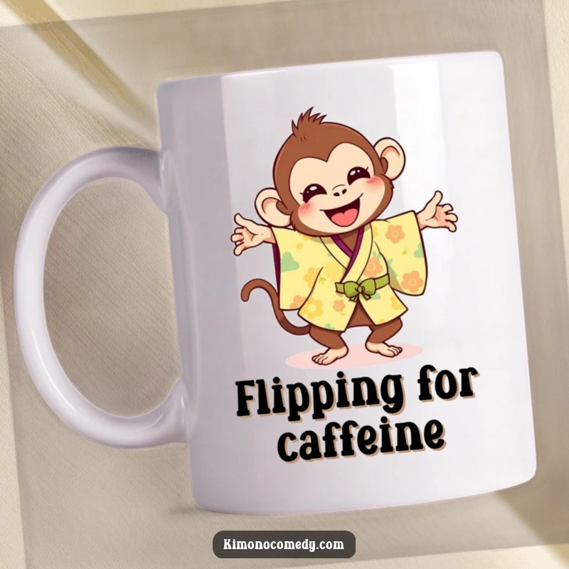 Funny mug showcasing a joyful monkey in a bright kimono, performing a silly, energetic flip with pure delight.