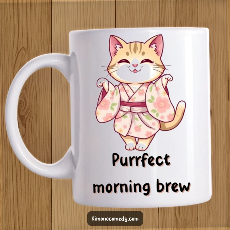 Funny cat wearing a beautiful floral kimono, performing a graceful, elegant twirl. A charming and humorous mug.