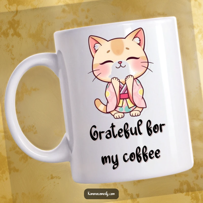 Funny cat kimono mug with a kawaii cat character in a colorful kimono, bowing deeply with a smile, offering polite greetings.